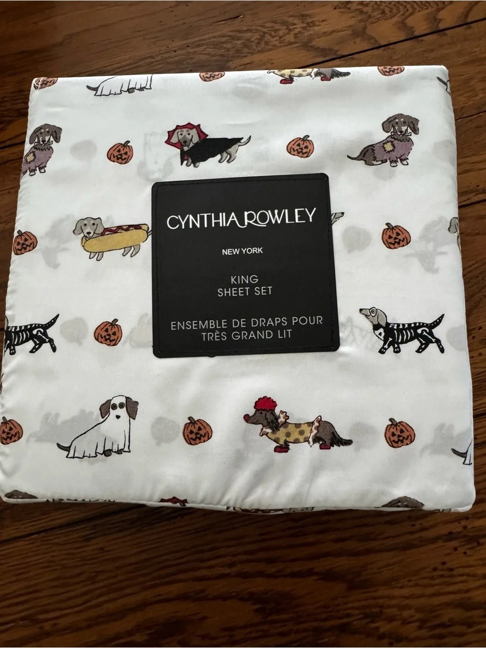 Cynthia Rowley White Halloween Dachshund Print King Sheet Set